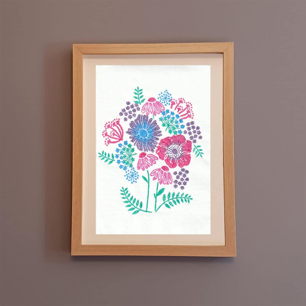 Bright Bloom bouquet wood block print